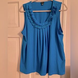 Blue tank with ruffle neck detail